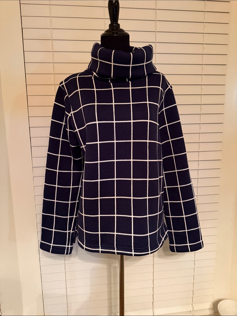 J. Crew Navy and White Grid Pattern Funnel Neck Knit Sweater Size Large